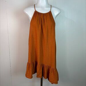BP Tank Top XL Burnt Orange Linen Blend Asymmetrical Ruffle Hem Halter Neck